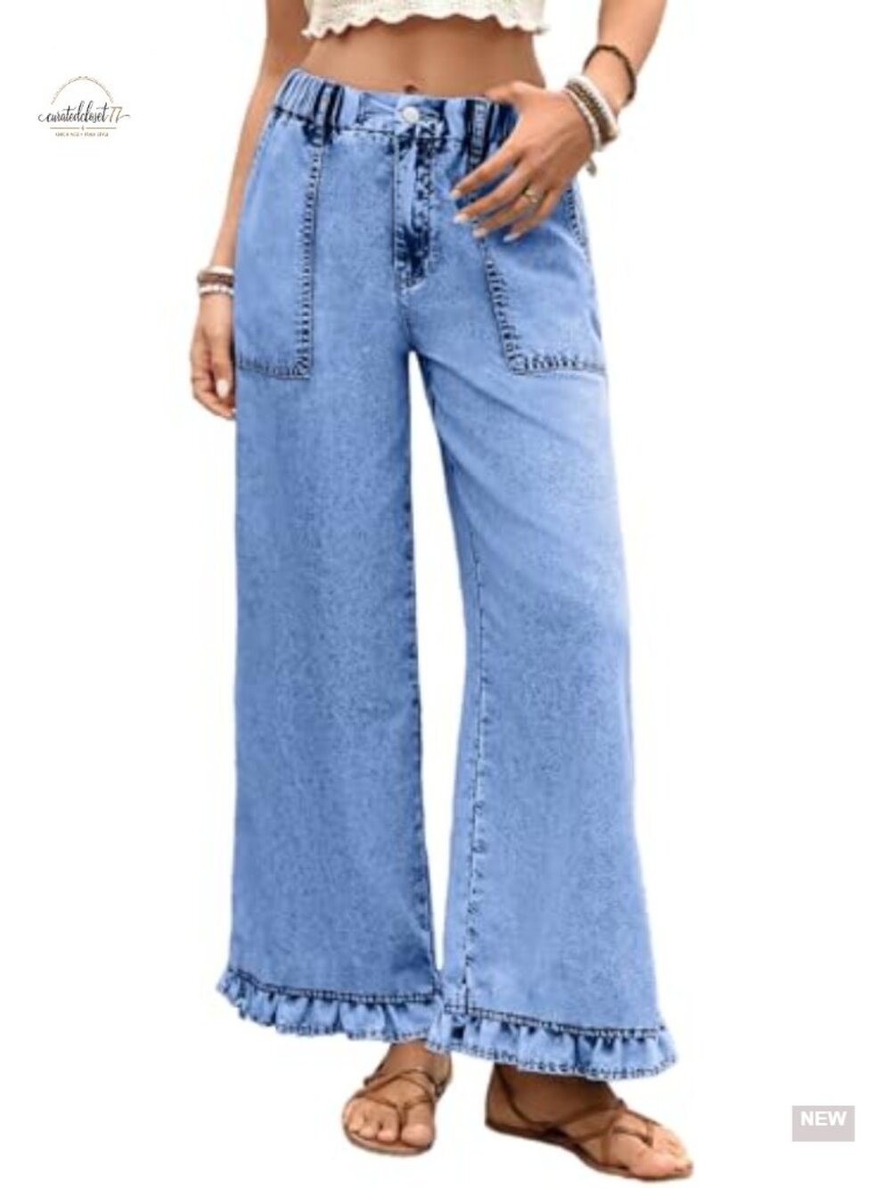 Wide Leg Jeans Ruffle Hem High Rise Elastic Waist Denim Pants